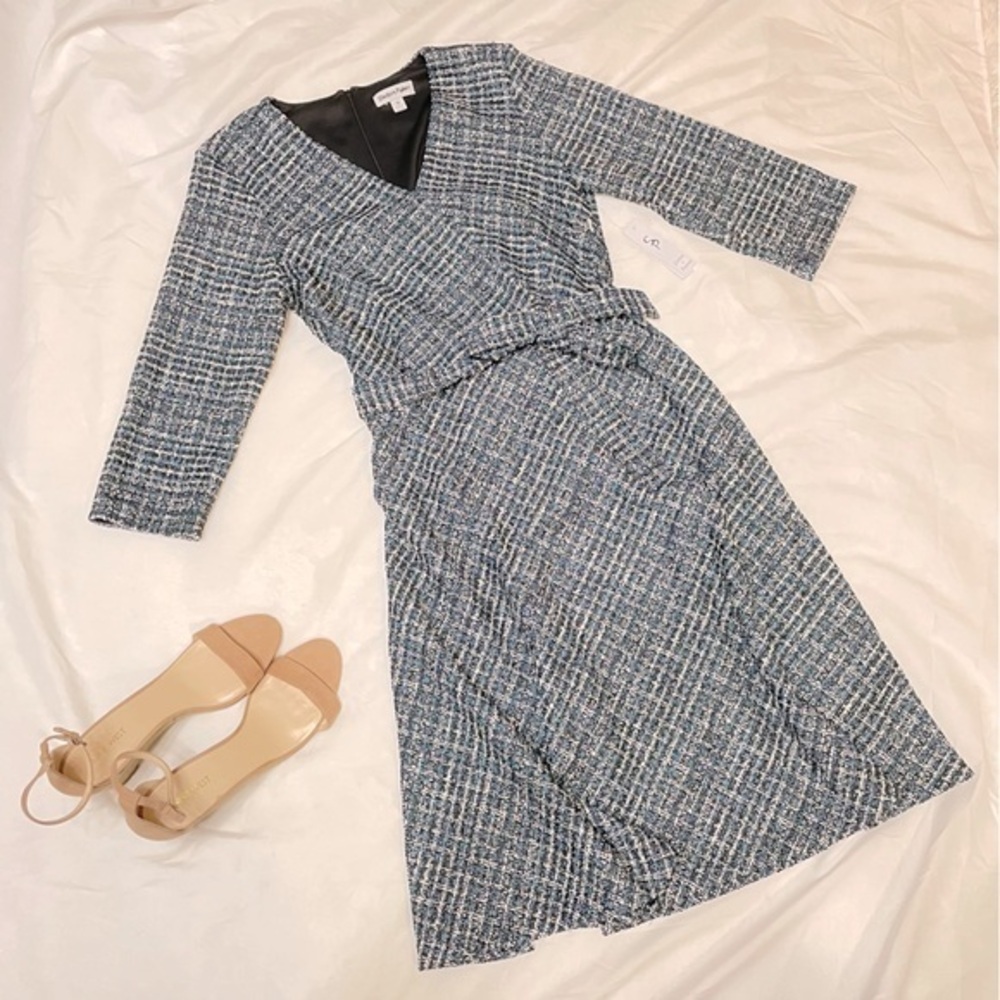 NWT Blue White & Black 3/4 Sleeve Faux Wrap Tweed Look Dress, V-Neck Tie Waist L